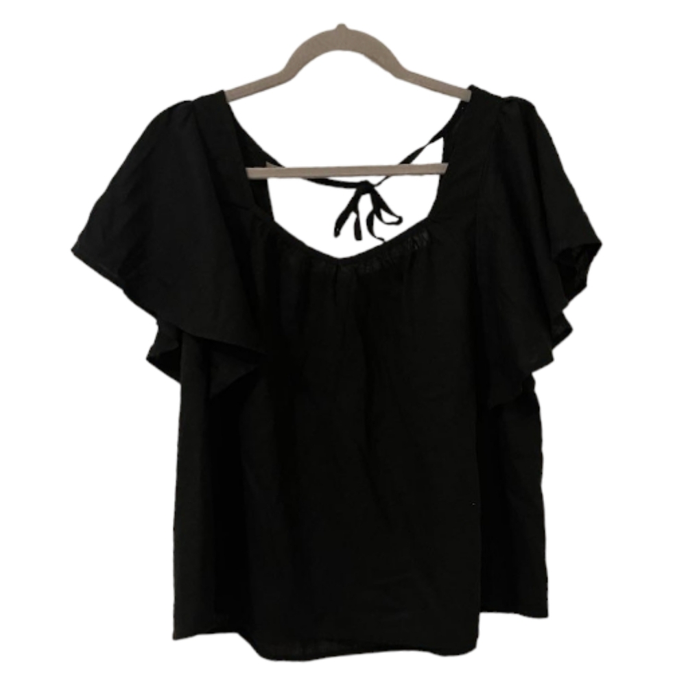 Black Old Navy Women's Flutter-Sleeve Linen-Blend Swing Blouse